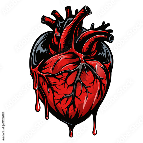 blood-red human heart with blood streaks on a stark black background. Designed for those seeking a terrifying centerpiece for T-shirts, tattoos, and posters