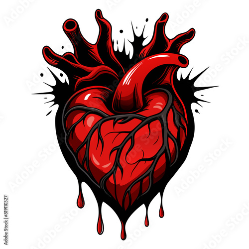 blood-red human heart with blood streaks on a stark black background. Designed for those seeking a terrifying centerpiece for T-shirts, tattoos, and posters
