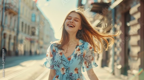 Wallpaper Mural Happy beautiful girl in an elegant fashionable spring dress walking along the city streets Torontodigital.ca