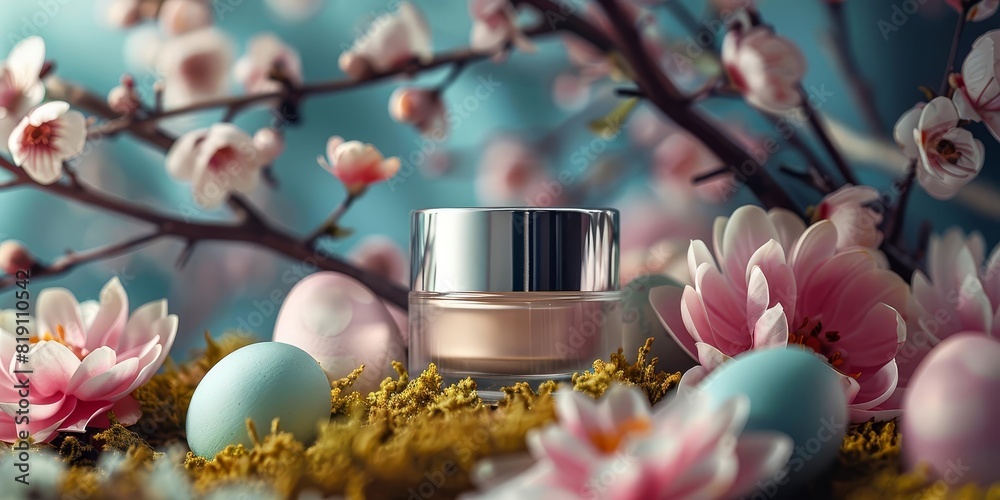 An elegant skincare container set against a backdrop of colorful Easter eggs and flowers An elegant skincare container set against a backdrop of colorful Easter eggs and flowers