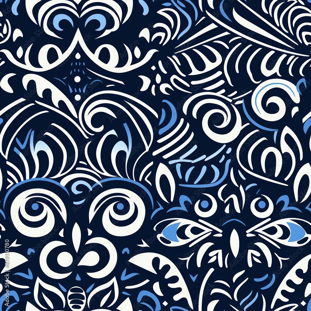 Create a seamless, repeating pattern with a dark blue background and white and light blue abstract floral and geometric shapes.