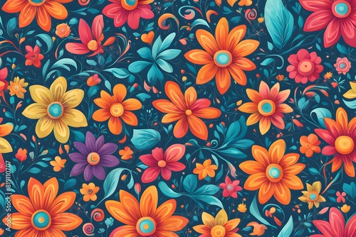 Colorful floral pattern in cartoon style. flowers and leaves with playful features seamless pattern background