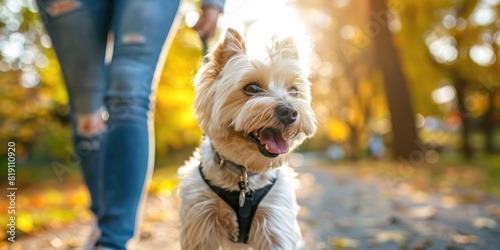 Happy dog maltese silky terrier on a harness. Walks with the mistress in the park photo