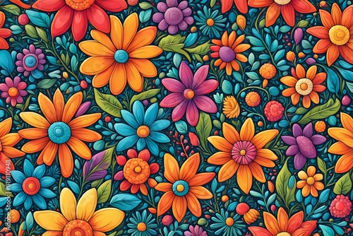 Colorful floral pattern in cartoon style. flowers and leaves with playful features seamless pattern background