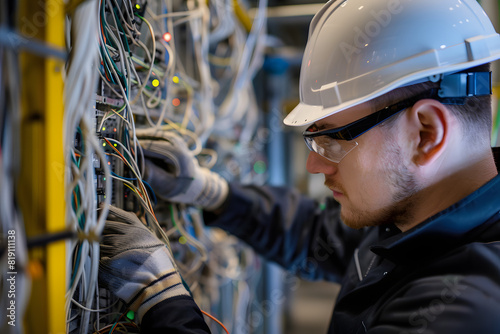 Focused technician adjusting complex wiring in an industrial facility, wearing a hardhat and safety gloves.