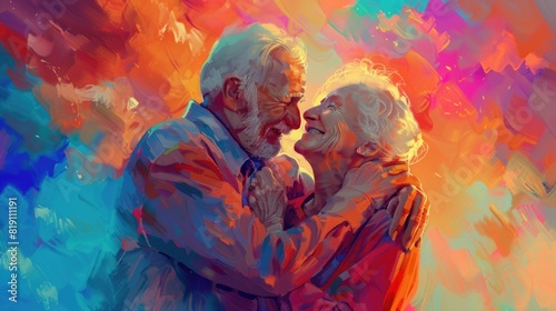Happy elderly couple in love, hugging and smiling together on a colorful background. Active senior lifestyle concept. Sunset of life in colors