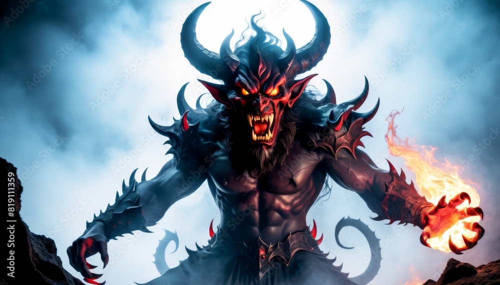 Digital art of a menacing demon with glowing eyes, horns, and fiery ...