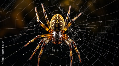 Close-up of a spider on its intricate web, illuminated by dramatic lighting, highlighting the spider's detailed body and web structure.