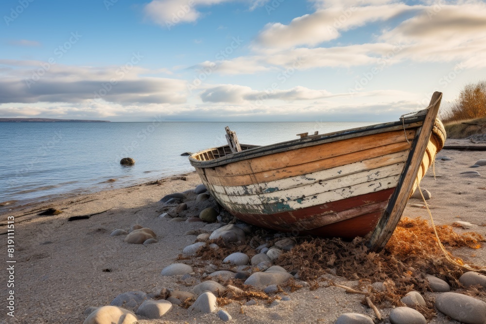 Old wooden boat resting on a rocky beach at sunset, with a serene sea and cloudy sky in the background, capturing the essence of tranquility.