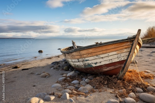 Old wooden boat resting on a rocky beach at sunset  with a serene sea and cloudy sky in the background  capturing the essence of tranquility.