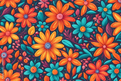 Colorful floral pattern in cartoon style. flowers and leaves with playful features seamless pattern background