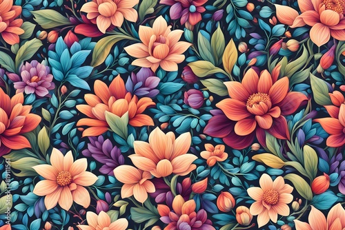 Colorful floral pattern in cartoon style. flowers and leaves with playful features seamless pattern background