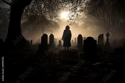 Silhouette of a person standing amidst gravestones in a foggy cemetery at dawn, creating a mysterious and eerie atmosphere.