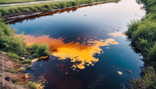 A serene river reflects the alarming colors of chemical spill, juxtaposing natural beauty with environmental pollution.. AI Generation