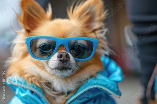 Happy fluffy orange Chihuahua dog wearing blue clothes and sunglasses