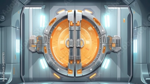 Futuristic energy portal in an advanced technology chamber. A futuristic doorway set within a spaceship corridor, was made from metallic material. Concept art for virtual reality backgrounds. AIG35.