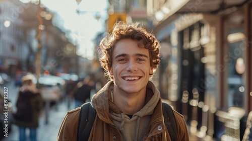 Happy smiling young man with brown hair walking down a street in a city on a beautiful sunny day.