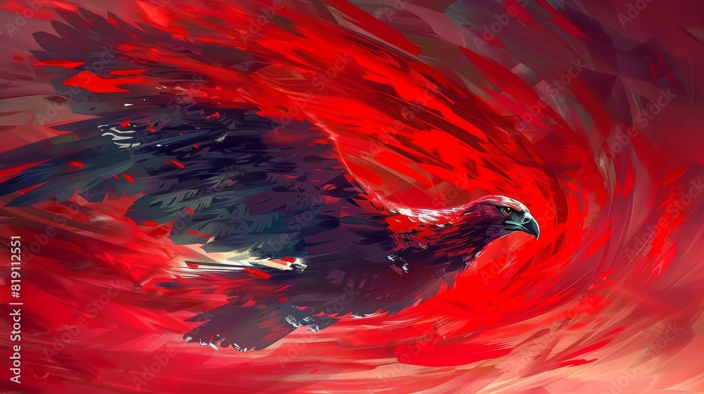A red bird with black wings flying through a red swirl A red bird with black wings flying through a red swirl