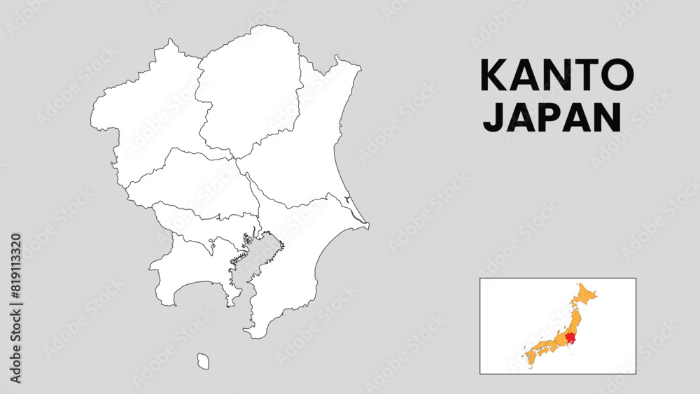 Kanto Map. Outline state map of Kanto. Political map of Kanto with a black and white design.