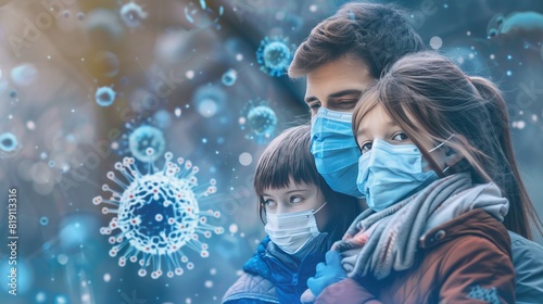 Healthcare and medicine, Family with kids in face mask facemask during outbreak, Human metapneumovirus photo