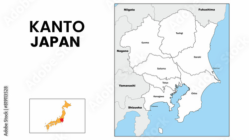 Kanto Map. State and district map of Kanto. Administrative map of Kanto with district and capital in white color.