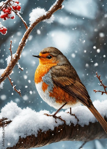Robin in a snowy tree, Illustration AI Generative.