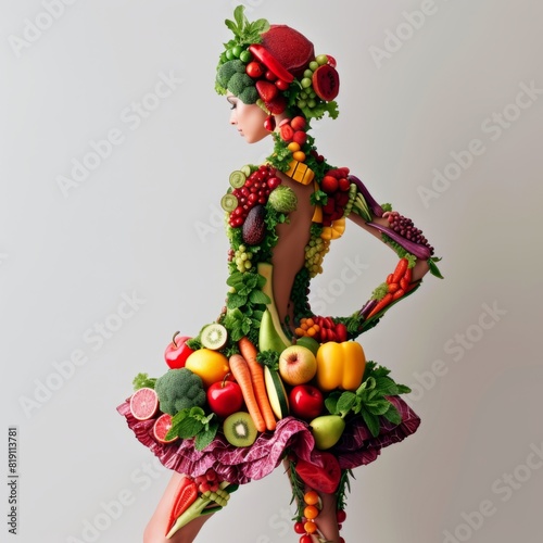 Figure of a girl made from vegetables and fruits, promotion of healthy eating, Generative AI.