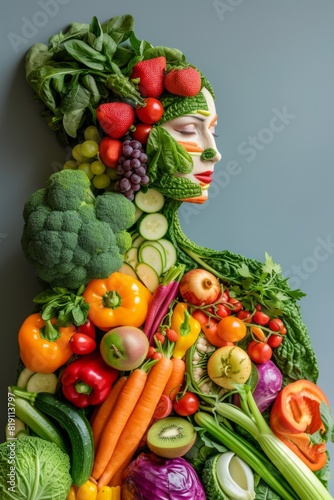 Figure of a girl made from vegetables and fruits  promotion of healthy eating  Generative AI.
