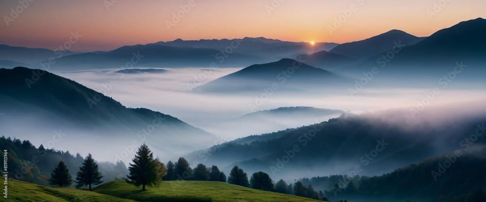 Landscape Sunrise over a Misty Mountain Valley Ethereal