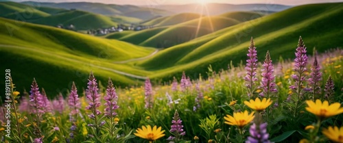 Landscape Rolling Hills with Wildflowers in Spring