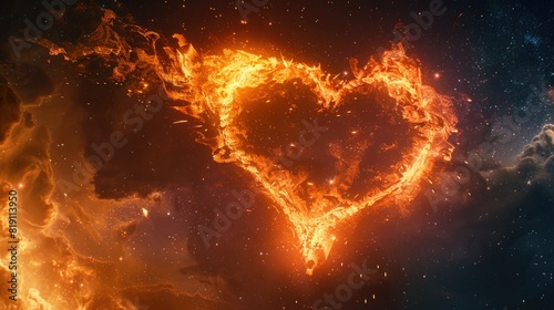 Heart as a symbol of love in the vastness of the universe with a lone star and a flame along the contour. Valentine's Day card © Vladyslav  Andrukhiv
