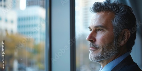 Senior businessman looks out the window. Stylish portrait of a mature man in a suit. Generative AI. © Nadejda