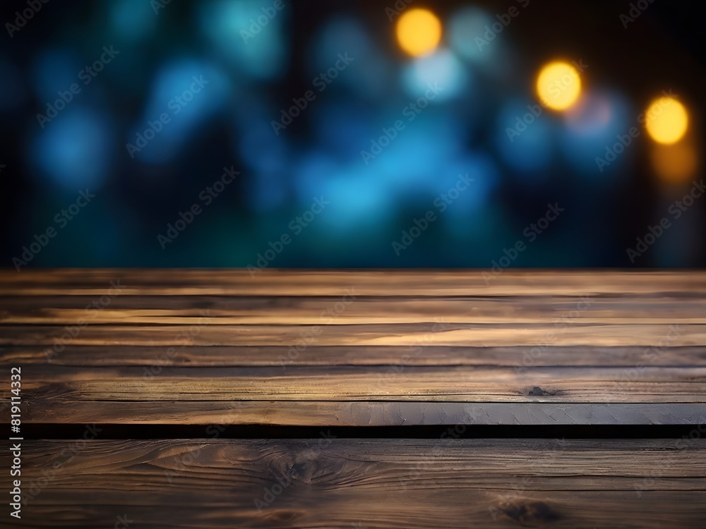 The surface of a wooden table on a blurry dark night view background. The surface of a wooden table on a blurry dark night view background.