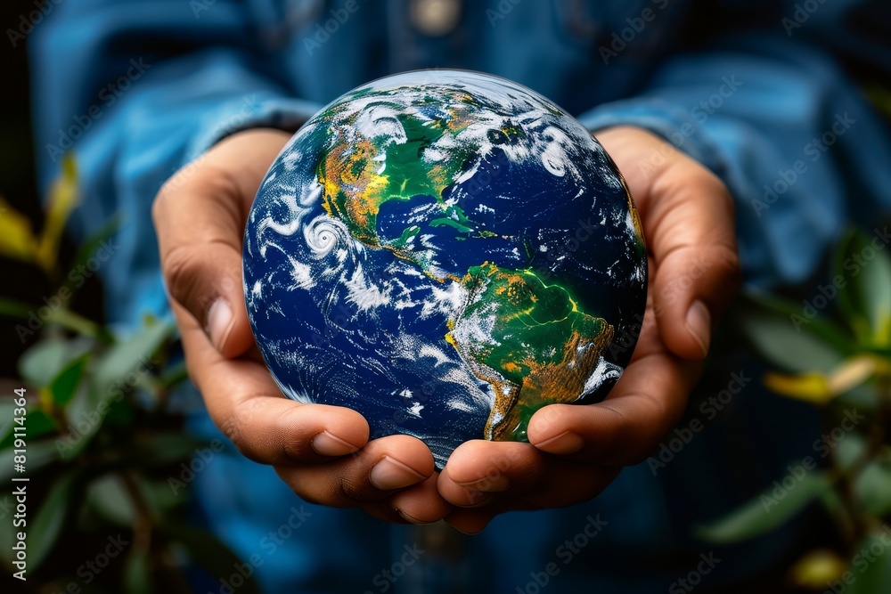 Hands holding a blue Earth globe, symbolic eco gesture for environmental protection, human responsibility for nature conservation Hands holding a blue Earth globe, symbolic eco gesture for environmental protection, human responsibility for nature conservation
