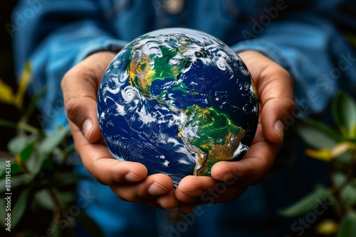 Hands holding a blue Earth globe, symbolic eco gesture for environmental protection, human responsibility for nature conservation #819114364