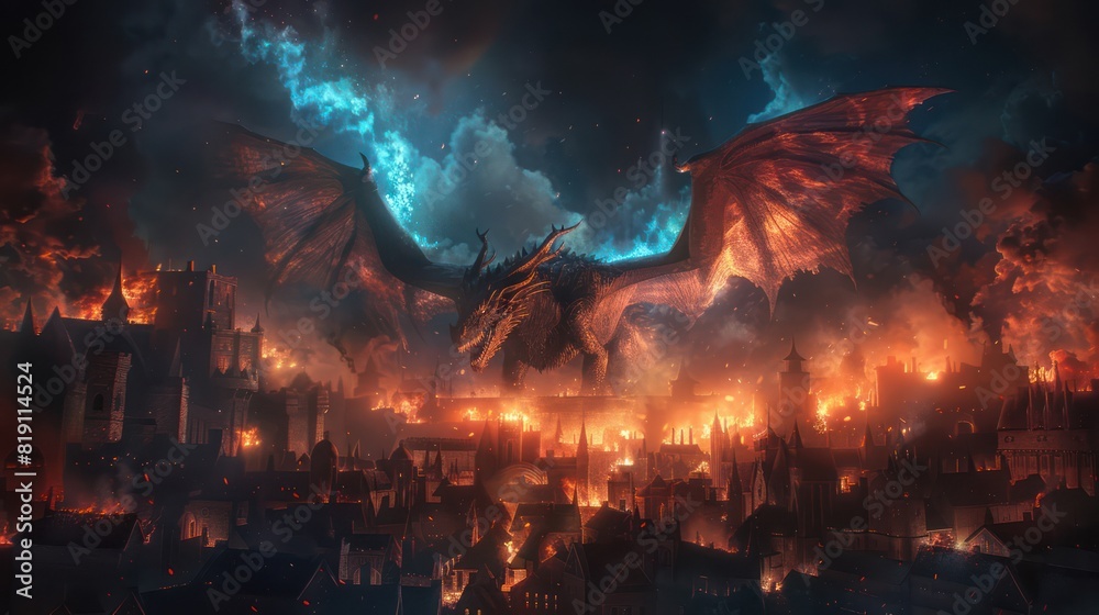 Fototapeta premium A dragon is flying over a city burning with blue fire.
