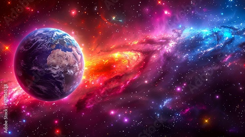 The image shows a view of the Earth from space. The Earth is surrounded by a colorful nebula and stars.