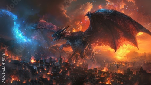 A dragon is flying over a city burning with blue fire. photo
