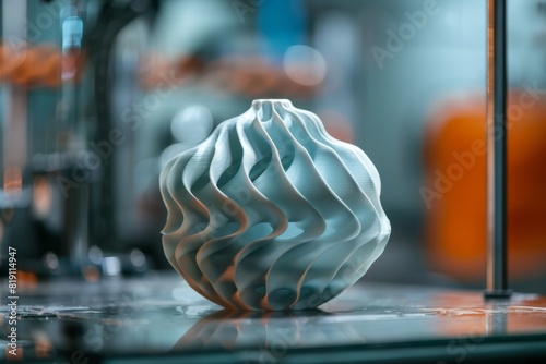 Intricate 3D printed vase in modern workshop, featuring fluid design with blue tones.