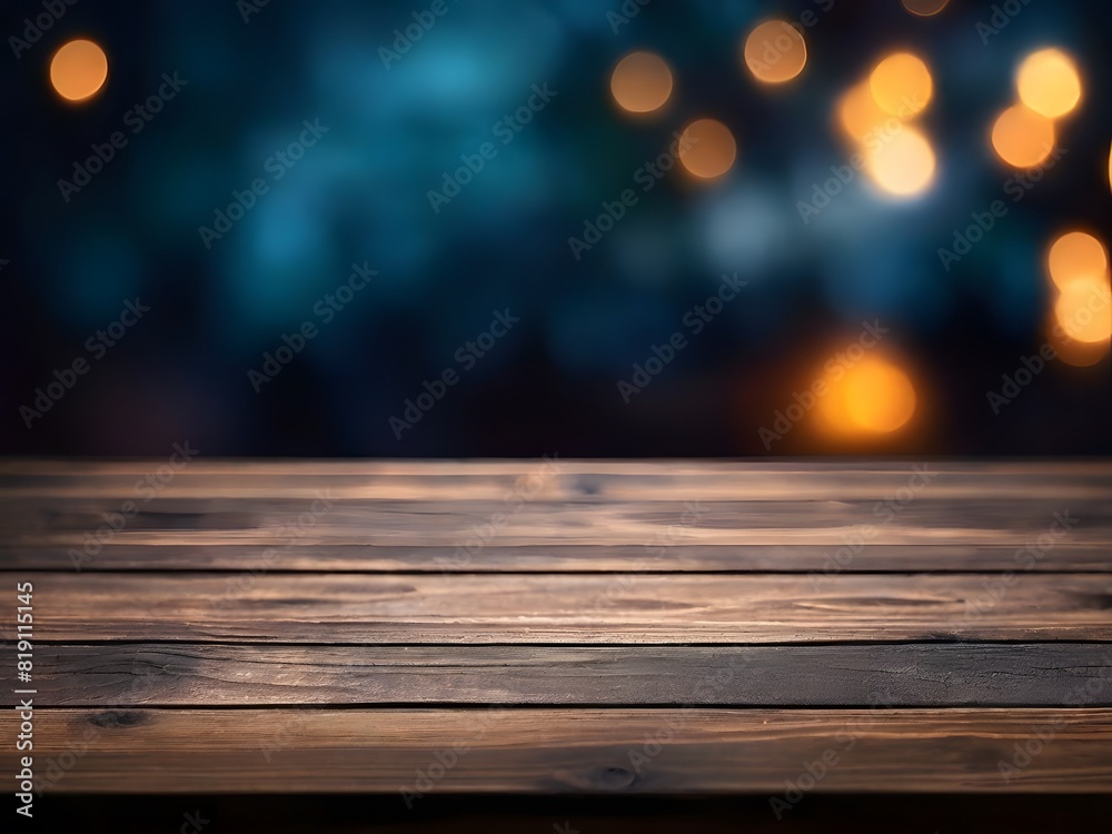 The surface of a wooden table on a blurry dark night view background. The surface of a wooden table on a blurry dark night view background.