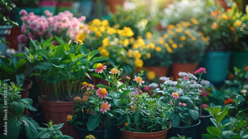 Obraz premium Legal herb plants growing, colorful garden setup, aesthetic design, ample copy space, medicine theme 8K , high-resolution, ultra HD,up32K HD