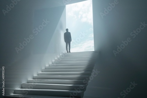 Heavens. Silhouette of a man standing on a white stairway leading to the light.