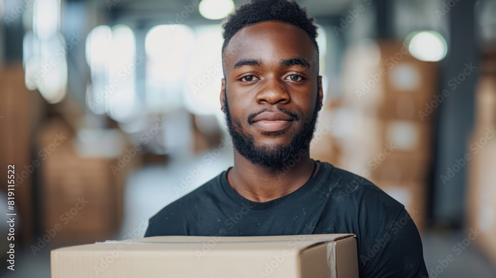 A man wearing a black shirt stands holding a cardboard box. A man wearing a black shirt stands holding a cardboard box.