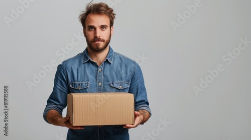 A man wearing a blue shirt stands holding a cardboard box.