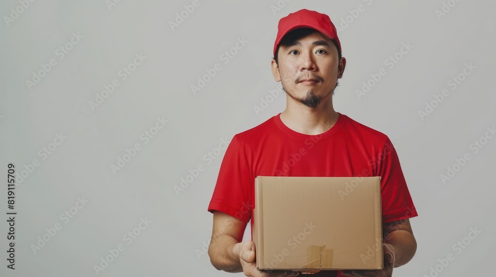 A man wearing a red shirt stands holding a cardboard box. A man wearing a red shirt stands holding a cardboard box.