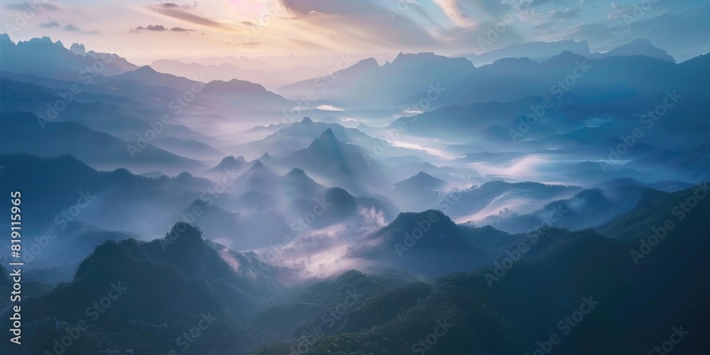 High angle view over tropical mountains layer with white fog in early morning, Landscape misty, Fantastic dreamy sunrise on rocky mountains.