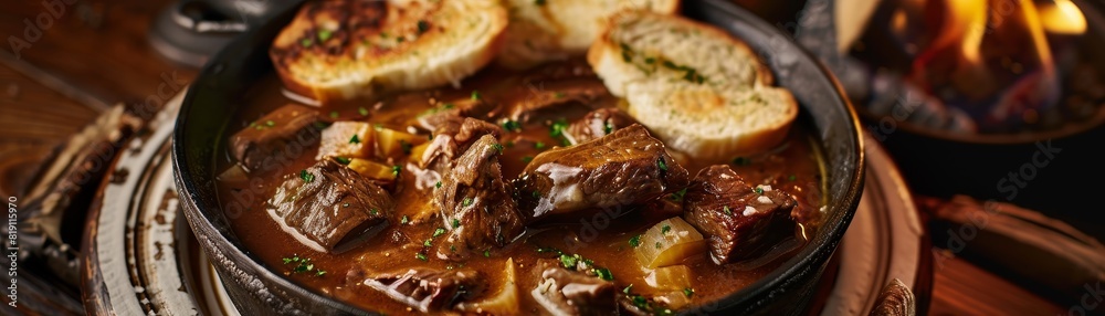 Czech Svickova, slices of beef in a creamy vegetable sauce, served with bread dumplings, traditional tavern setting, warm and inviting Czech Svickova, slices of beef in a creamy vegetable sauce, served with bread dumplings, traditional tavern setting, warm and inviting
