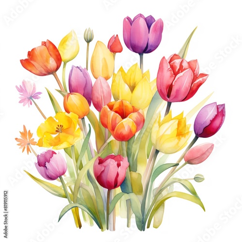A beautiful watercolor painting of tulips in a variety of colors #819115912