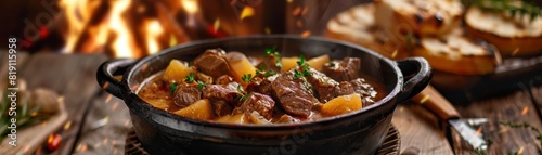 Czech Svickova, slices of beef in a creamy vegetable sauce, served with bread dumplings, traditional tavern setting, warm and inviting