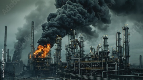  Hick plumes of black smoke erupt from a blazing oil rig refinery plant photo